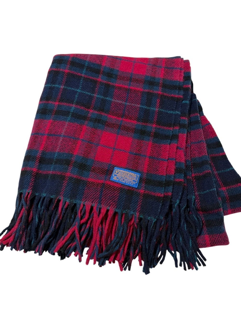 Vintage Pendleton Red Blue Green Plaid Wool Picnic Stadium Blanket